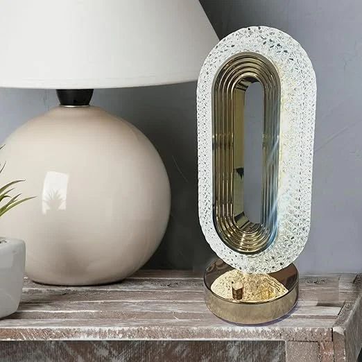 Luxury Oval Crystal LED Table Lamp – Dimmable Bedside & Living Room Accent Light with Matte Gold Base, Remote Control & 3-Color Lighting