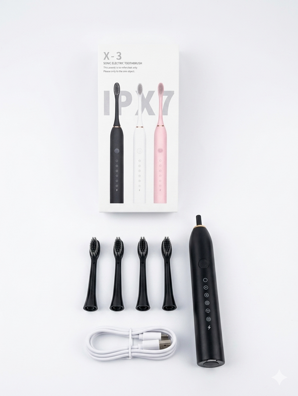 X-3 Ultra Sonic Electric Toothbrush – Rechargeable | 6 Custom Modes | 4 Replacement Brush Heads