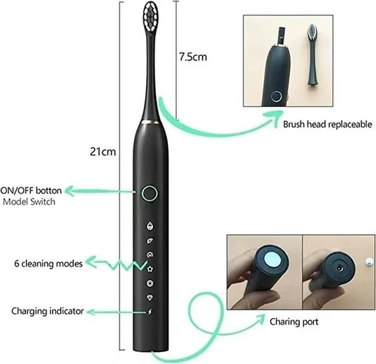 X-3 Ultra Sonic Electric Toothbrush – Rechargeable | 6 Custom Modes | 4 Replacement Brush Heads